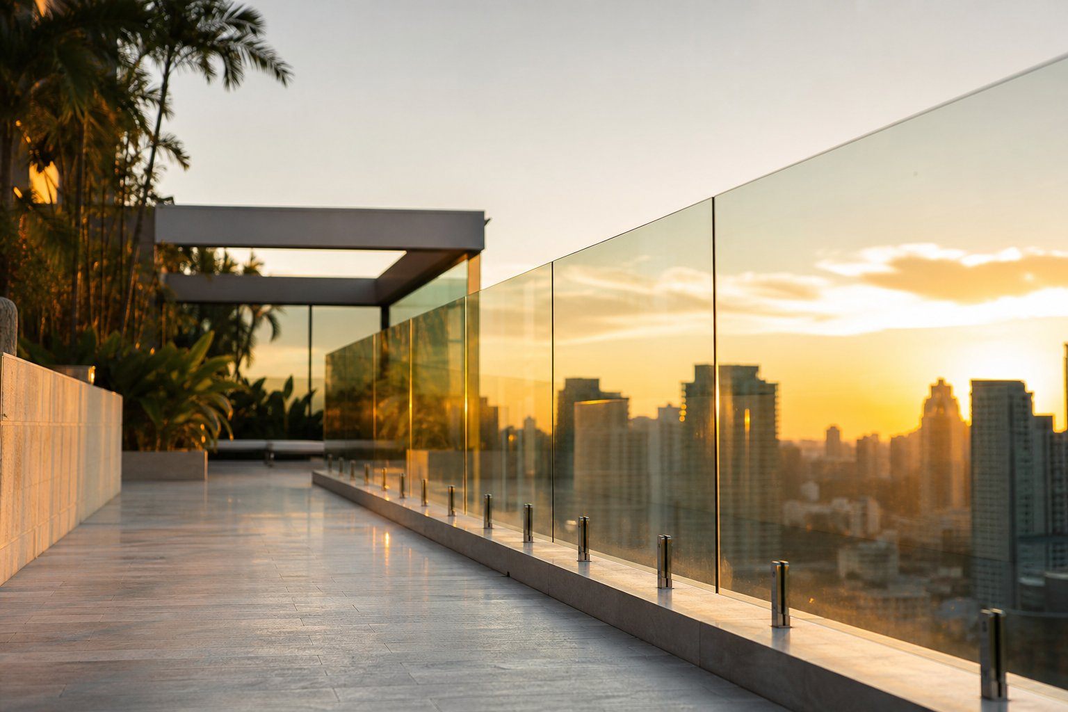 Guarda-corpo de vidro em Gravataí/RS em cobertura ao pôr do sol — Oliveira Vidros